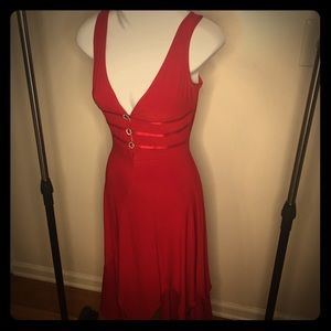 Long Red Sleeveless Dress with Asymmetrical Train